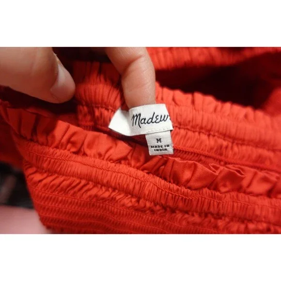 Madewell Women's Size Medium Cerise Red Smocked Poplin Puff Sleeve Midi Dress - Picture 6 of 7